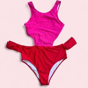 Pink + Red Color Block One Piece Swimsuit